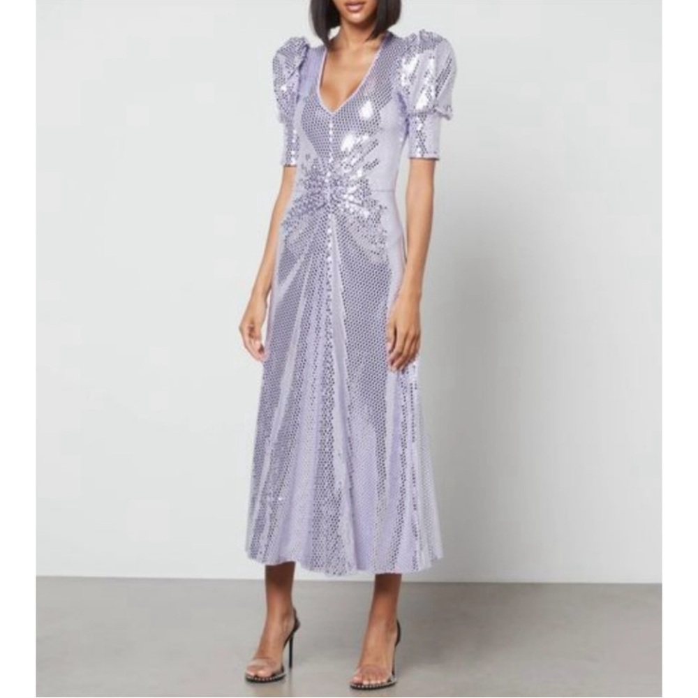 ROTATE Birger Christenson Purple Sequin Ruched Puff Sleeve Midi Dress size 4